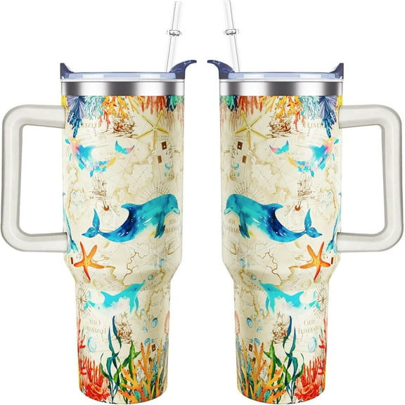 40 Oz Dolphin Theme Tumbler With Handle Lid Straw Double Insulated Travel Coffee Ocean Mug Womens Dolphin Cup Gifts