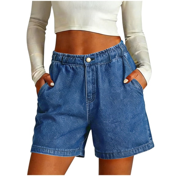 Qgtaibl Womens Elastic Waist Denim Shorts High Waisted Lounge Jean Shorts with Pockets Stretchy Loose Fit Jorts for Summer Daily Wear Blue S