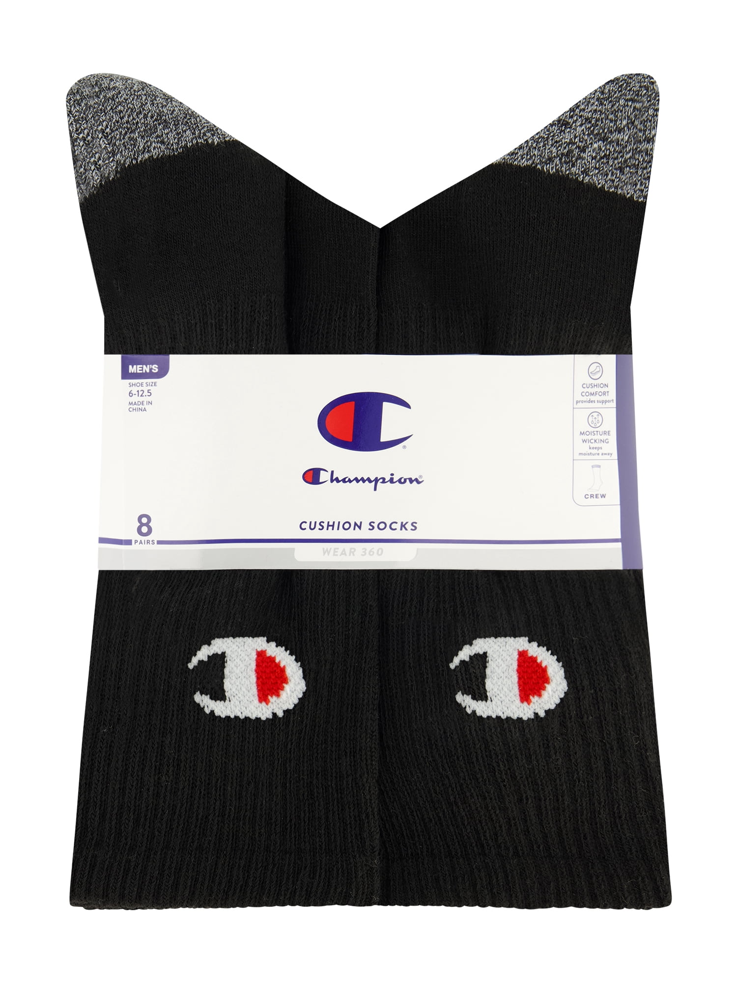 Champion Men’s Crew Socks 8 Pack – Half Terry Cushion, Moisture-Wicking, Arch Support, Reinforced Toe & Heel, Sizes 6–12.5