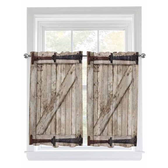 Farmhouse Wood Grain Bathroom Window Curtain, Vintage Country Barn Gate Brown Light Filtering Coffee Kitchen Curtains, Bedroom Living Room Curtains 2 Panel 84"x45"