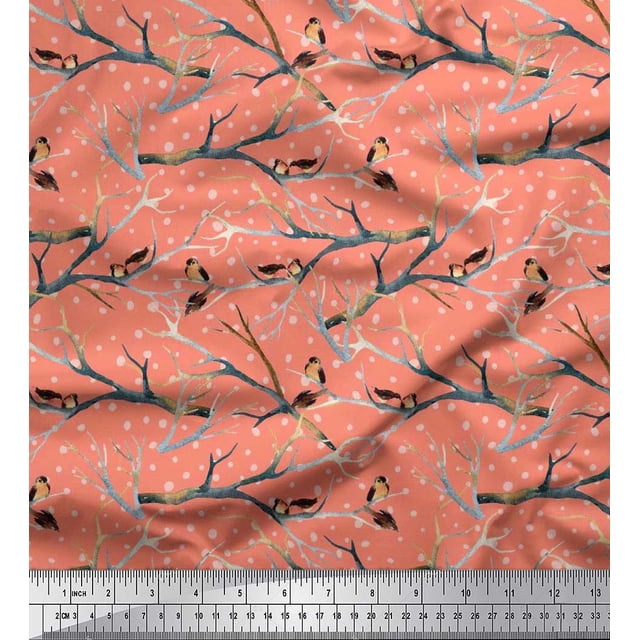 Soimoi Orange Modal Satin Fabric Branch,Dot & American Robin Bird Decor Fabric Printed BTY 42 Inch Wide