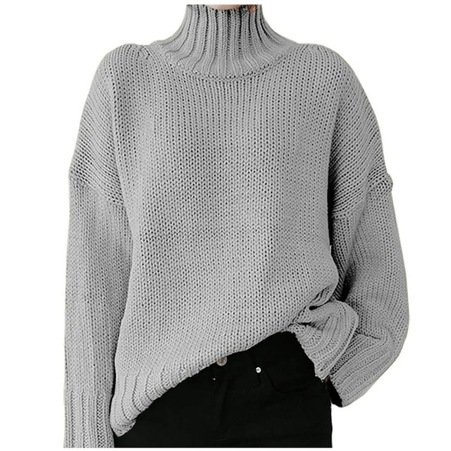 IROINID Women's Turtleneck Pullover Sweater Solid Color Casual Mid-Length Long Sleeve Sweater Tops