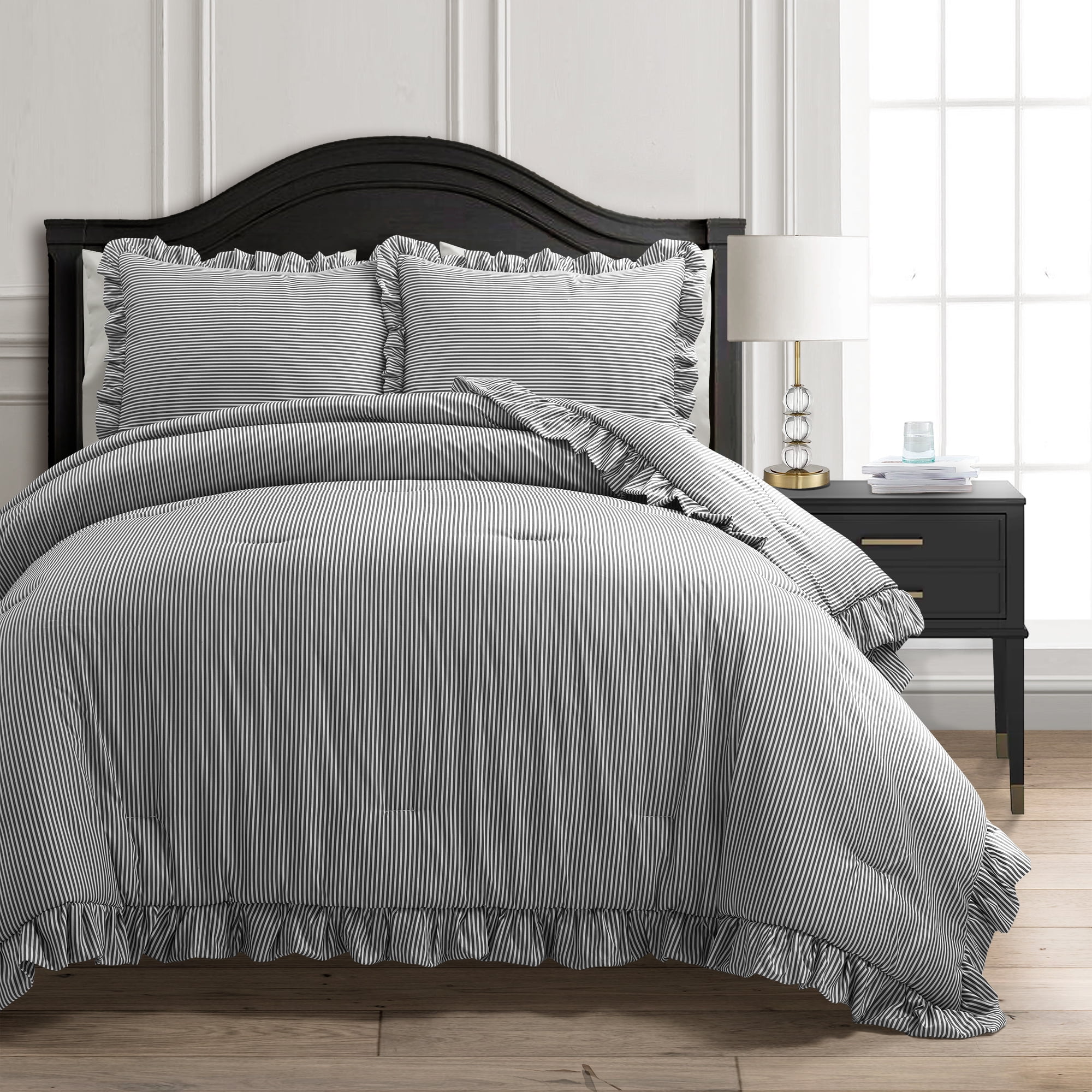 Lush Decor Reyna Stripe Ruffle Soft Reversible Oversized Comforter Gray