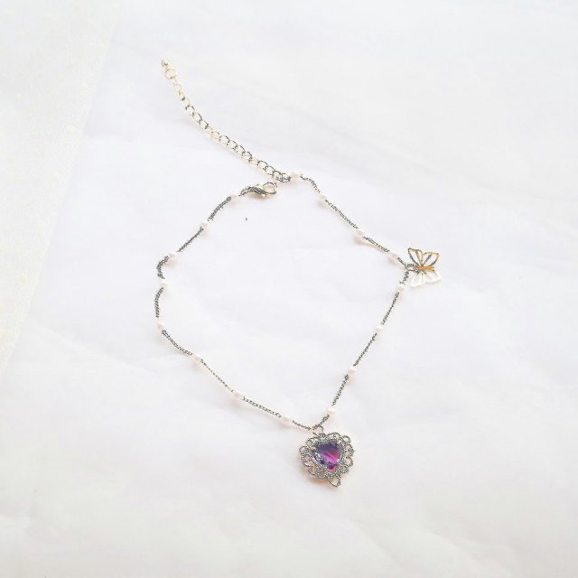 Colgante de cristal con forma de corazón de amor morado transparente de hada Kpop, cadena de clavícula, collar gargantilla de perlas para mujer, joyería estética Egirl --- Código de producto 42722