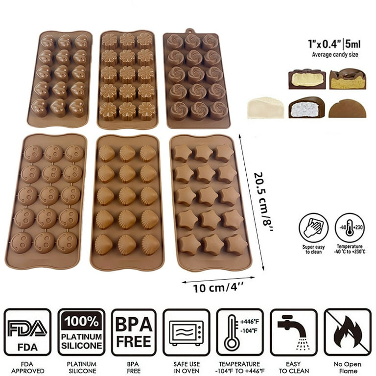  Candy Molds Silicone Chocolate Molds No-Stick Molds for  Baking,Fat Bombs,Caramels,Jello, Gummy,Truffles,Ice Cubes with Different  Shapes-Pack of 6 Make 90 Chocolates in One Go : Home & Kitchen