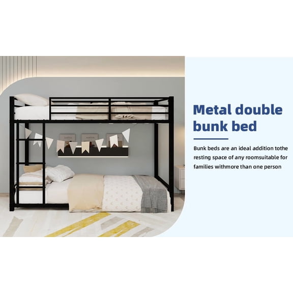 Sevhomes Twin-over-Twin Metal Bunk Bed, Low Profile Frame, Guardrails, 3-Step Ladder, Black