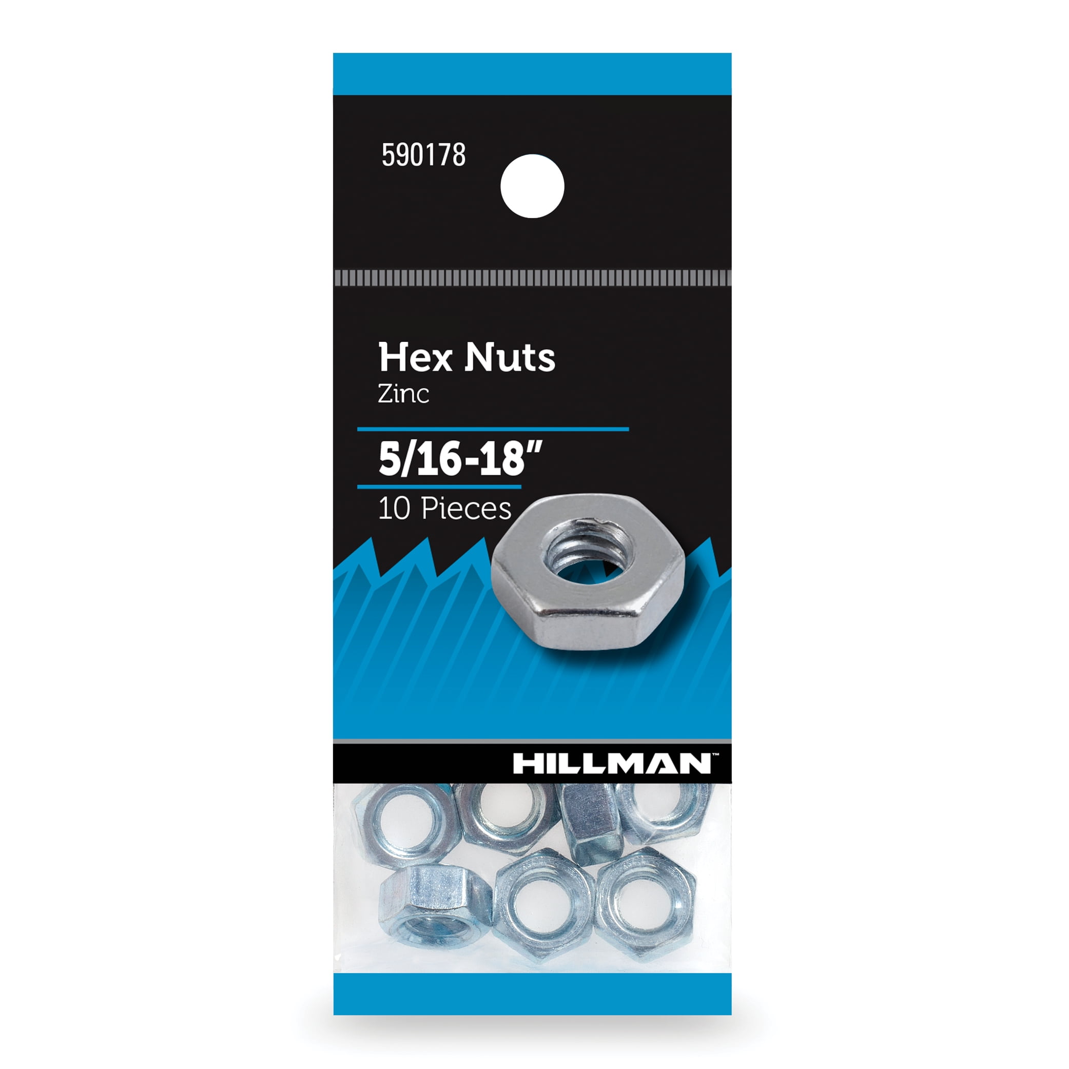Hillman Hex Nuts 5/16-18", Screw Thread, Zinc Finish, Steel, Pack of 10