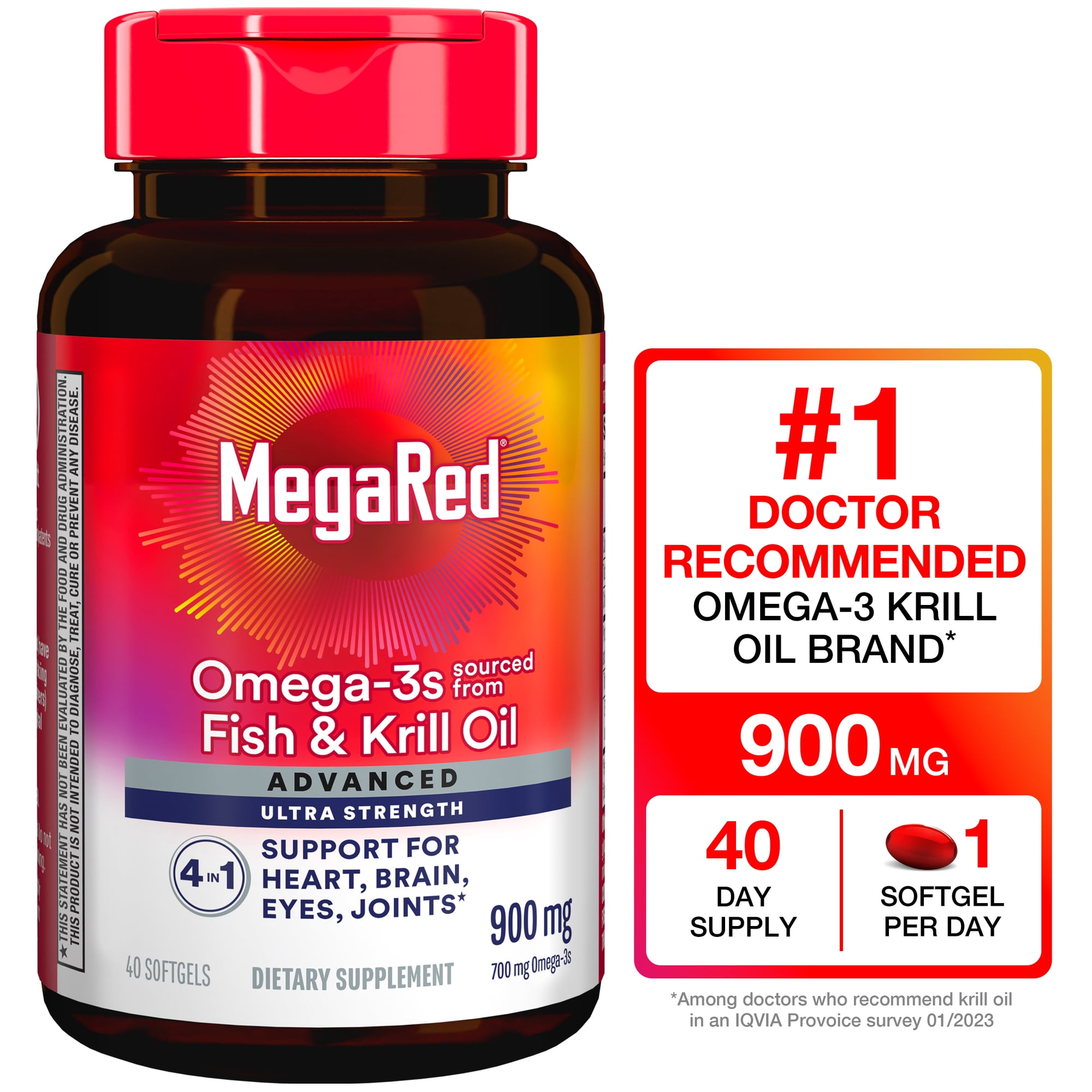 MegaRed Advanced 4in1 900mg Omega-3 Fish Krill Oil Supplements, Heart Brain Eyes Joints Health, 40 Softgels