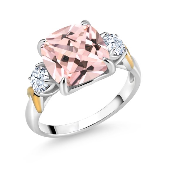 Gem Stone King 925 Silver and 10K Yellow Gold Peach Nano Morganite 3 Stone Ring for Women (4.82 Cttw, Gemstone October Birthstone, Cushion 10MM, Round 4MM, Size 9)