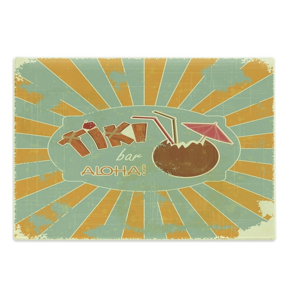 Tiki Bar Cutting Board, Vintage Design Exotic Cocktail Aged Look Aloha Fun Party Print, Decorative Tempered Glass Cutting and Serving Board, Large Size, Almond Green Orange, by Ambesonne