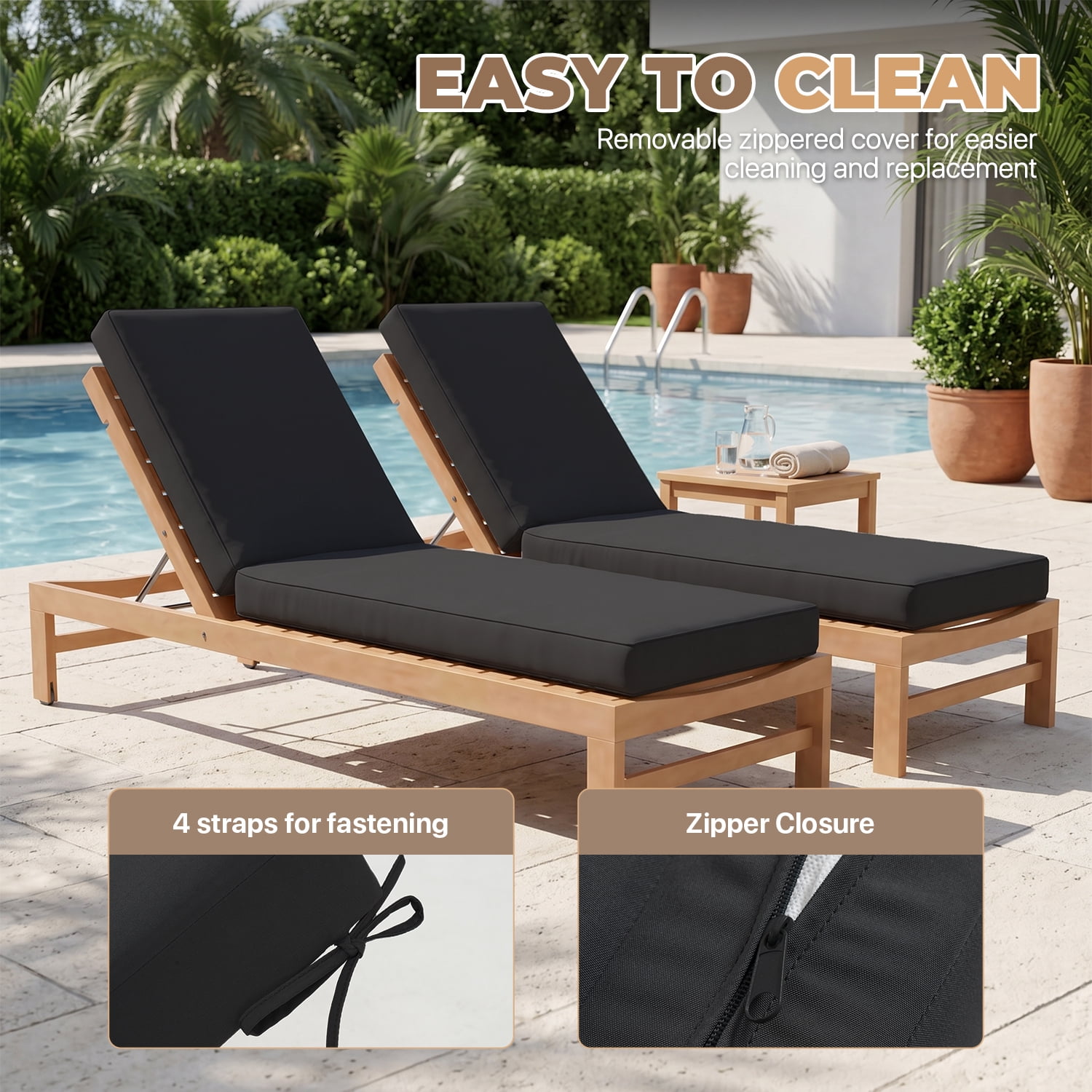 BaPiPro Black 2-Pack Outdoor Chaise Lounge Cushions, Waterproof Patio Lounge Chair Pad with High-Density Foam, Removable Cover & Secure Ties for Poolside, Garden & Patio
