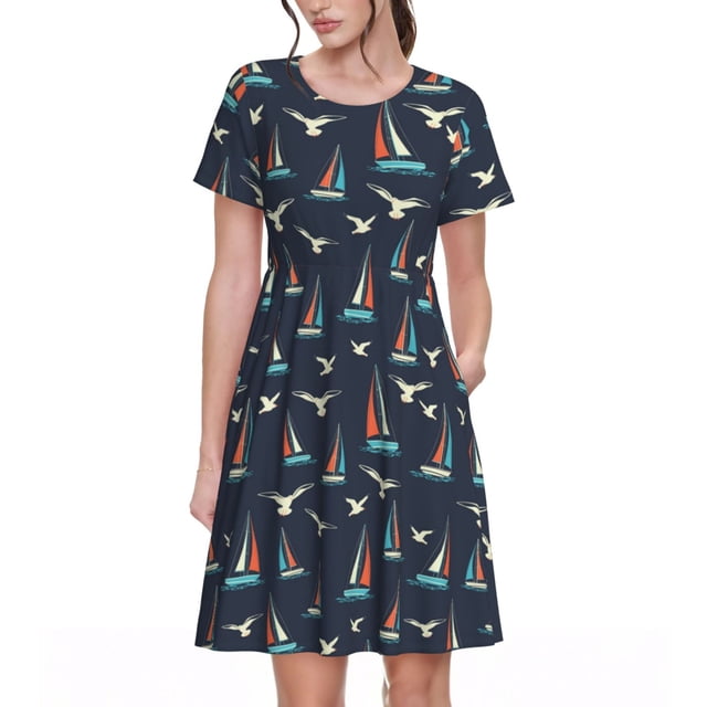 Easygdp Sailboat And Seagull para Vestido Transpirable de Mujer, Vestido Suelto de Manga Corta con Pliegues y Bolsillos para el Verano