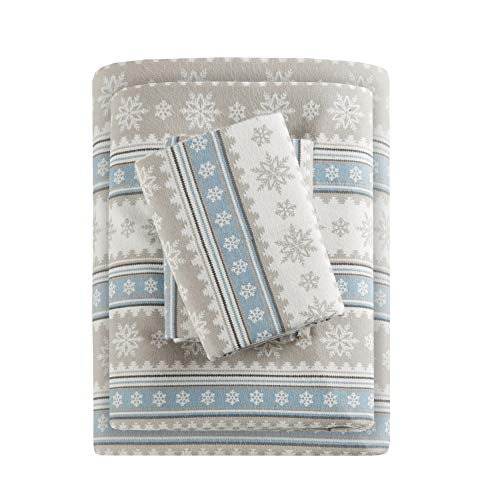 Woolrich Flannel Queen Bed Sheets, Lodge/Cabin Blue Snowflake Bed Sheet