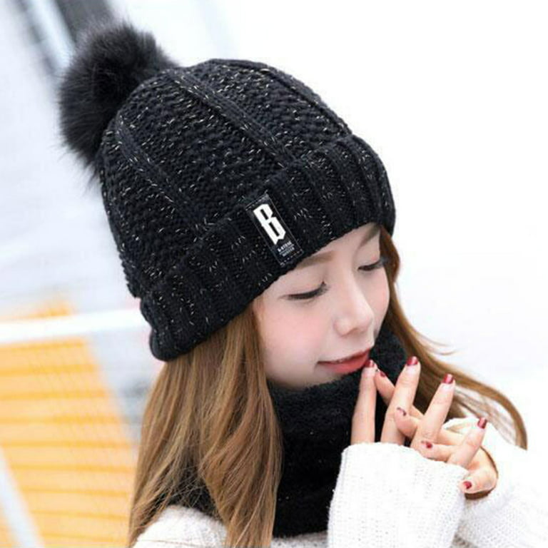 EHTMSAK Beanie Women Pack Fashion Hats for Women Cable Knit Faux Fur Pompom  Chunky Cable Knit Pompom Soft Warm Hat Dark Gray Free Size