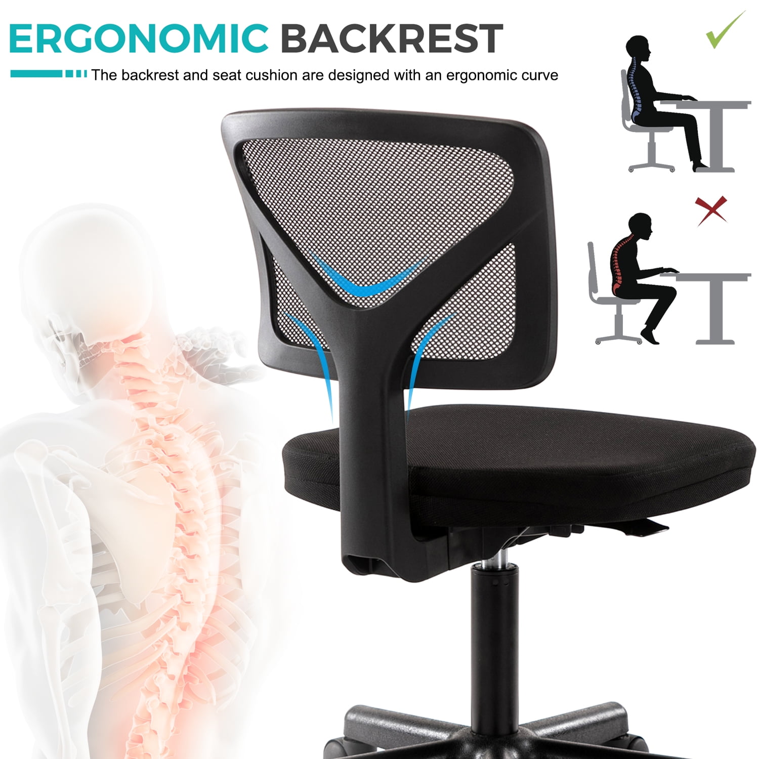 Home Office Armless Ergonomic Mesh Computer Desk Chair Height Adjustable