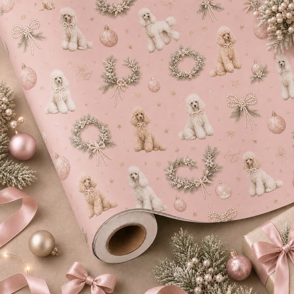 Christmas Wrapping Paper Roll Poodle Elegant Noel Gift Wrap Dog Lovers