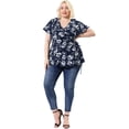 thumbnail image 3 of Women's Plus Size Tops Ruffle Neck Floral Print Bell Sleeve Wrap Tie Waist Boho Peplum Blouse Navy Blue 2X, 3 of 7