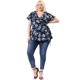 thumbnail image 3 of Women's Plus Size Tops Ruffle Neck Floral Print Bell Sleeve Wrap Tie Waist Boho Peplum Blouse Navy Blue 3X, 3 of 7