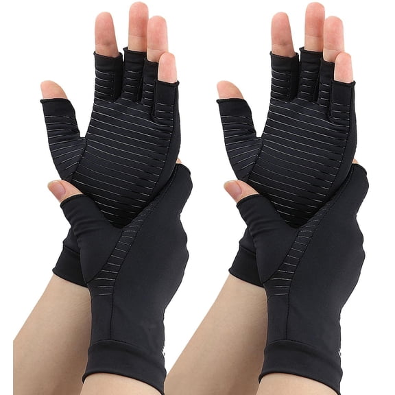 2 Pairs Compression Gloves for Women and Men,Fingerless Copper Arthritis Gloves for Rheumatoid Arthritis Osteoarthritis Carpal Tunnel,Hand Pain Relief and Support,Open Finger (Black,Medium)
