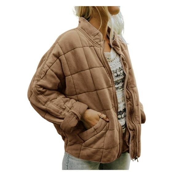 Bagilaanoe Womens Casual Dolman Quilted Jackets Loose Drop Shoulder Lightweight Coat Zipper with Pockets Outwear