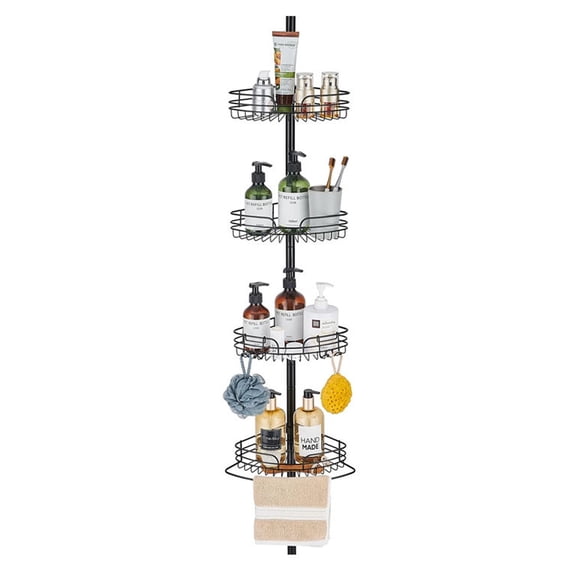 HomelyPosh Shower Caddy Tension Pole, 4 Tier Adjustable Shower Caddy Corner Organizer Stand, Stainless Steel, for Bathtub Shampoo Storage, Black