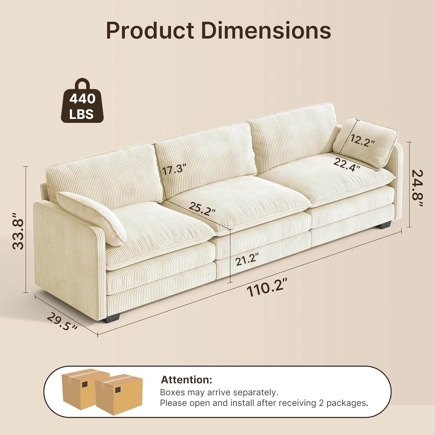 110" Cloud Couches for Living Room, Noelse 3 Seater Cloud Sofa with Double Layer Cushion and Deep Seat, Cream Couch with Washable Cover, Corduroy Fabric, Beige