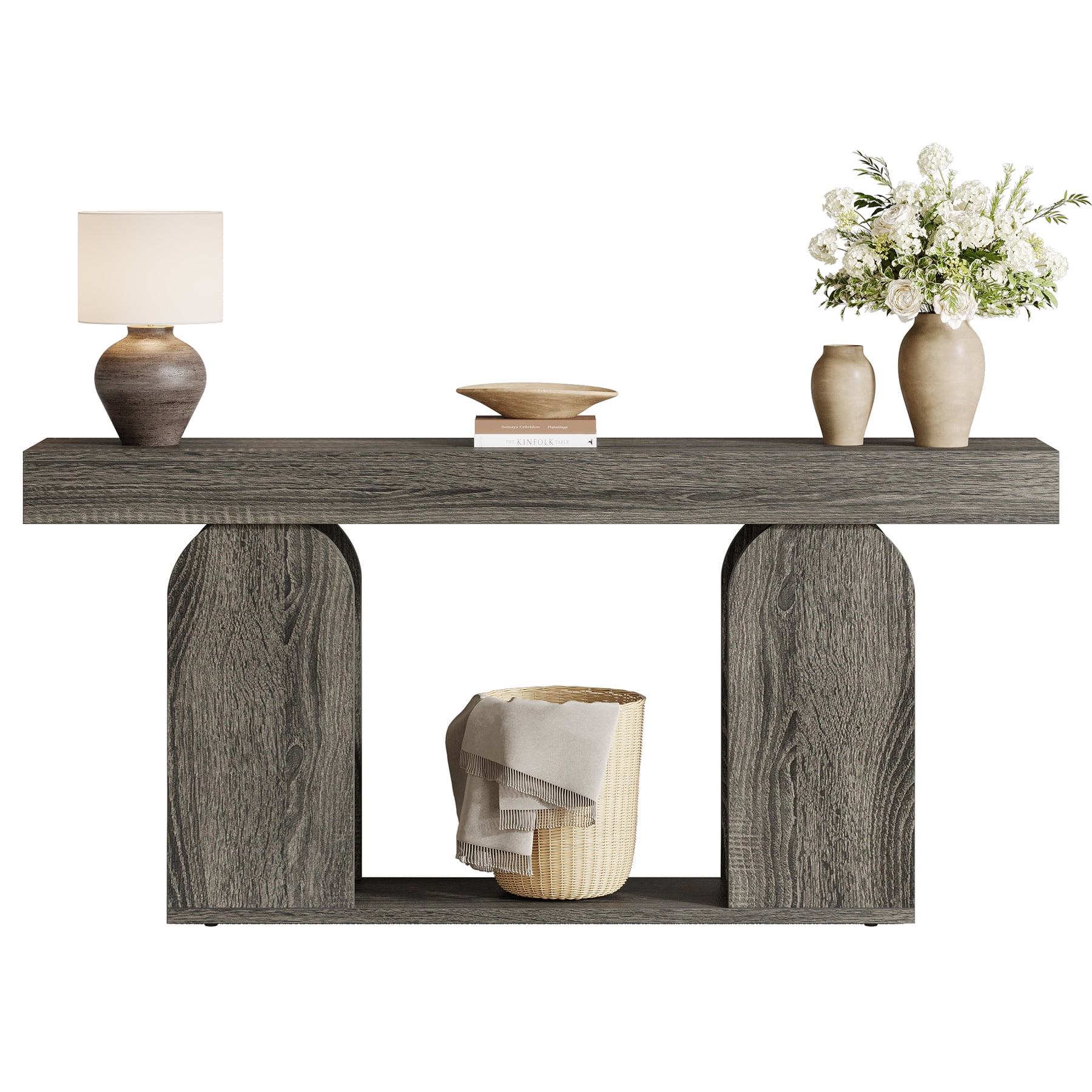 Fnova 70.87" Farmhouse Console Table for Entryway, 2-Tier Storage Long Narrow Wood Entryway Table, Easy Assembly, Gray