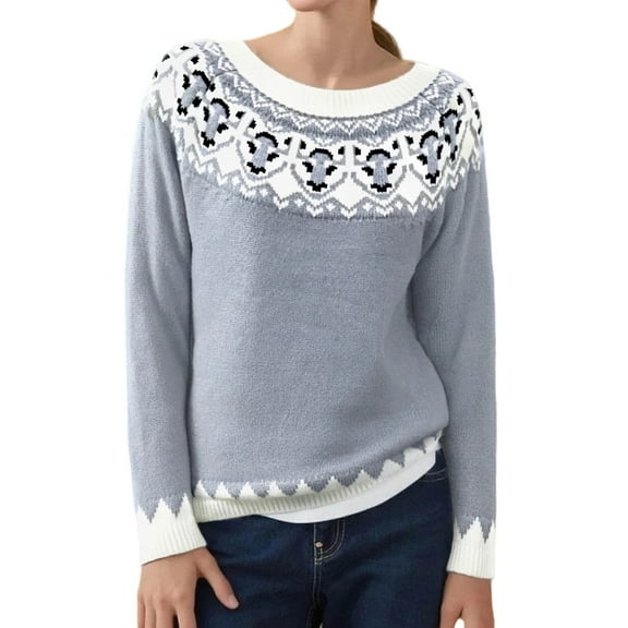 Womens Pullover Sweaters Vintage Western Printed Long Sleeve Crewneck Knit Shirts Casual Fall Winter Comfy Warm Tops