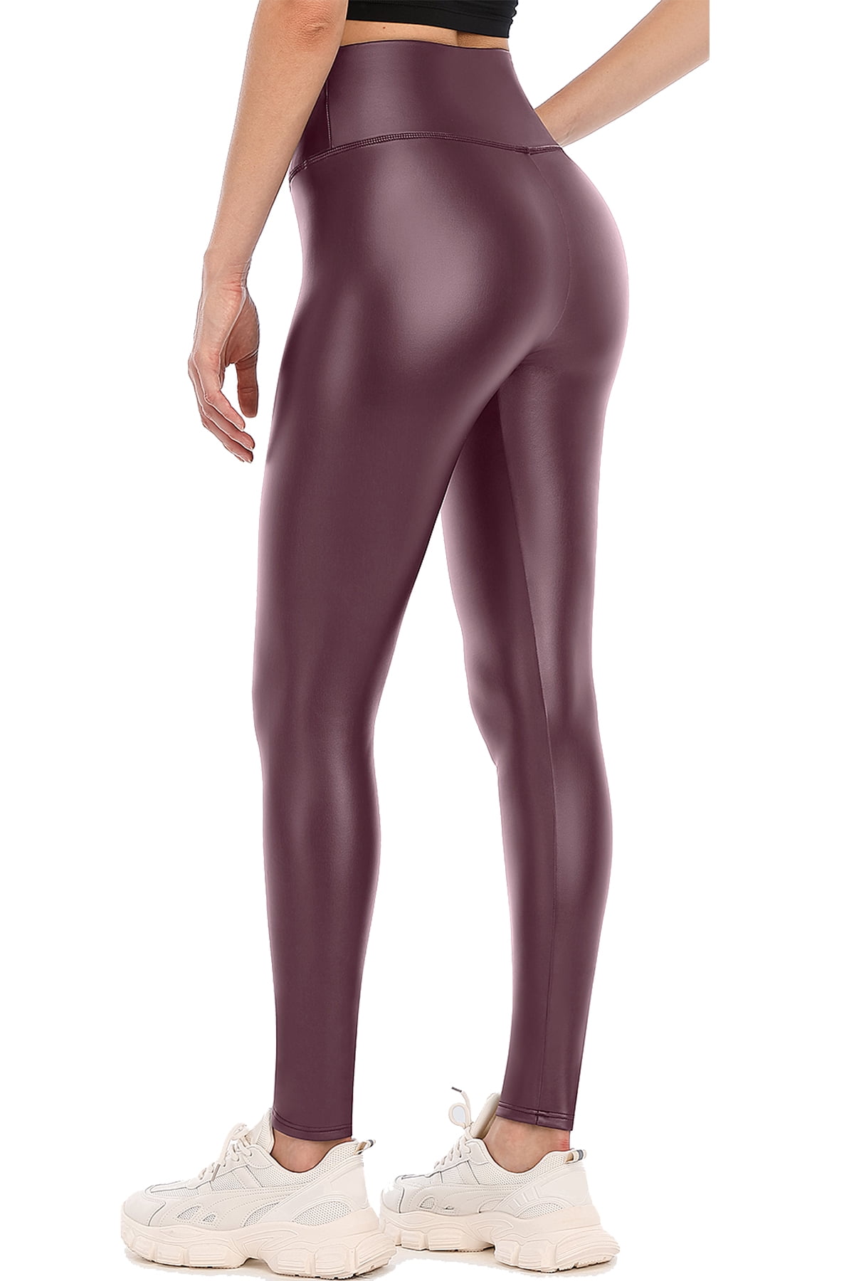 Women's Faux Leather Thermal Leggings Fleece Lined Warm Yoga Pants with Pockets