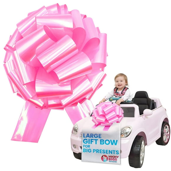 Nicky Bigs Novelties - Large Iridescent Metallic Ribbon Gift Bow, Perfect Big for Car Gift Birthday Wedding Gender Reveal Decoration Jumbo, Easy Instant Pull String - 14 Inch Pink Pull Bow