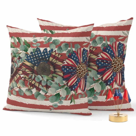 2 Pack Outdoor Waterproof Throw Pillow Covers,Independence Day Colorful Floral Decorative Square Patio Pillowcases for Chair Couch Sofa 16x16in