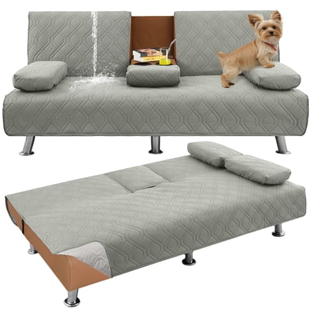 Sanmadrola 4-Piece Waterproof Futon Couch Covers Sofa Bed Cover Anti-Slip Furniture Protector with Removable Armrests Covers and Cup Holders Cover, Quilted Convertible Folding Slipcover, Light Gray