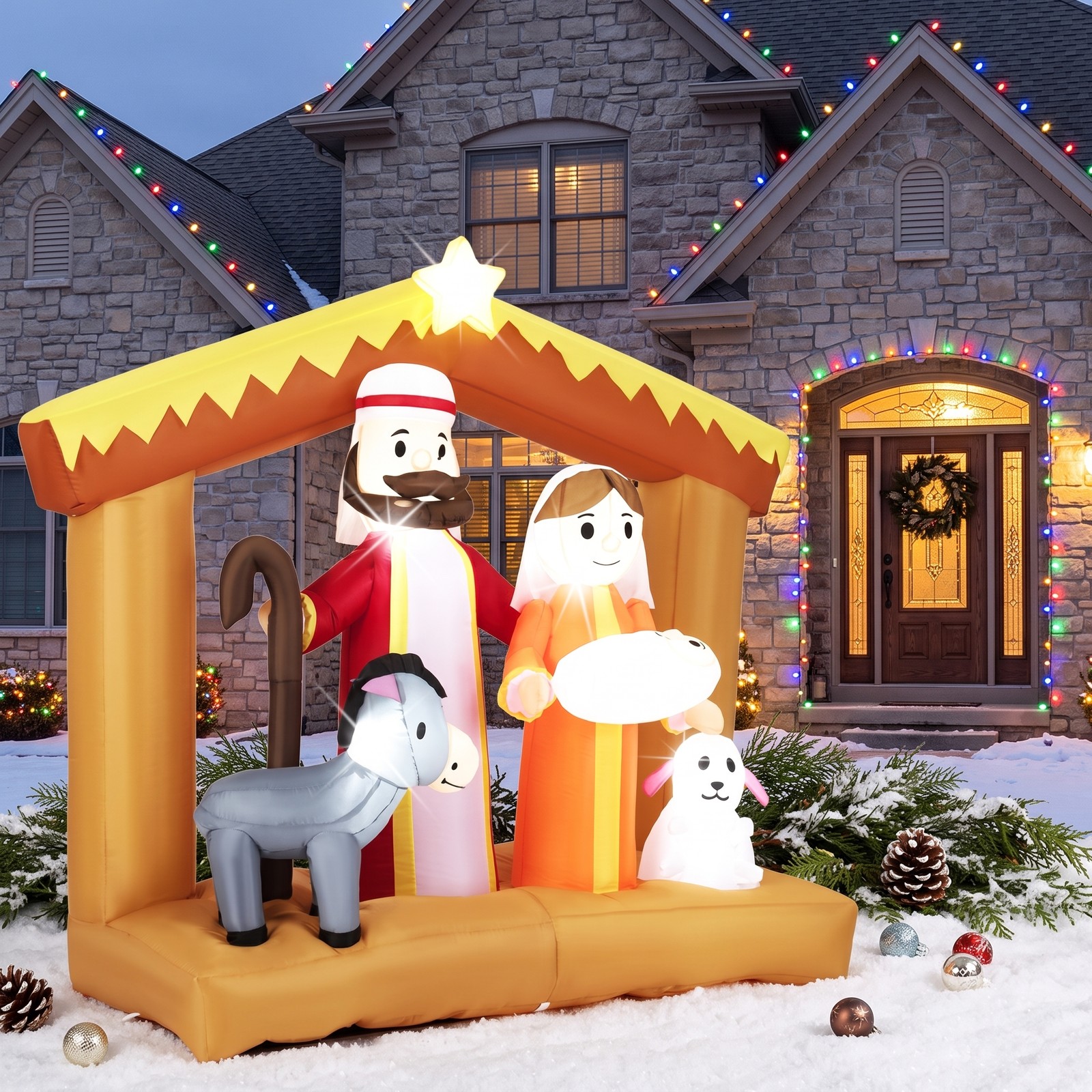 RUIE 6 FT Christmas Inflatable Nativity Scene Outdoor Yard Decoration with Built-in LED Lights, Weatherproof Blow-Up Holiday Lawn Display, Multi-Color