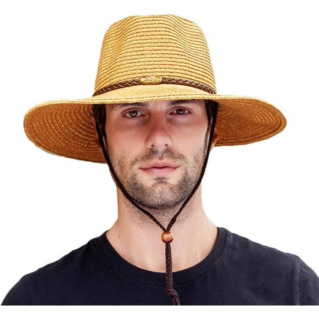 Straw Cowboy Hat Wide Brim Sun Hat Cowgirl Summer Panama Hat with Chin ...