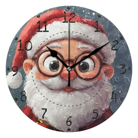 Cute Santa with Glasses Round Wall Clock Silent Analog Battery Operated Black Pointer Home Decor 9.84 Diameter