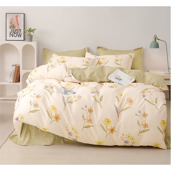 Queen 100% Cotton Bed Set:1 Duvet Cover 2 Pillowcases Floral Printed