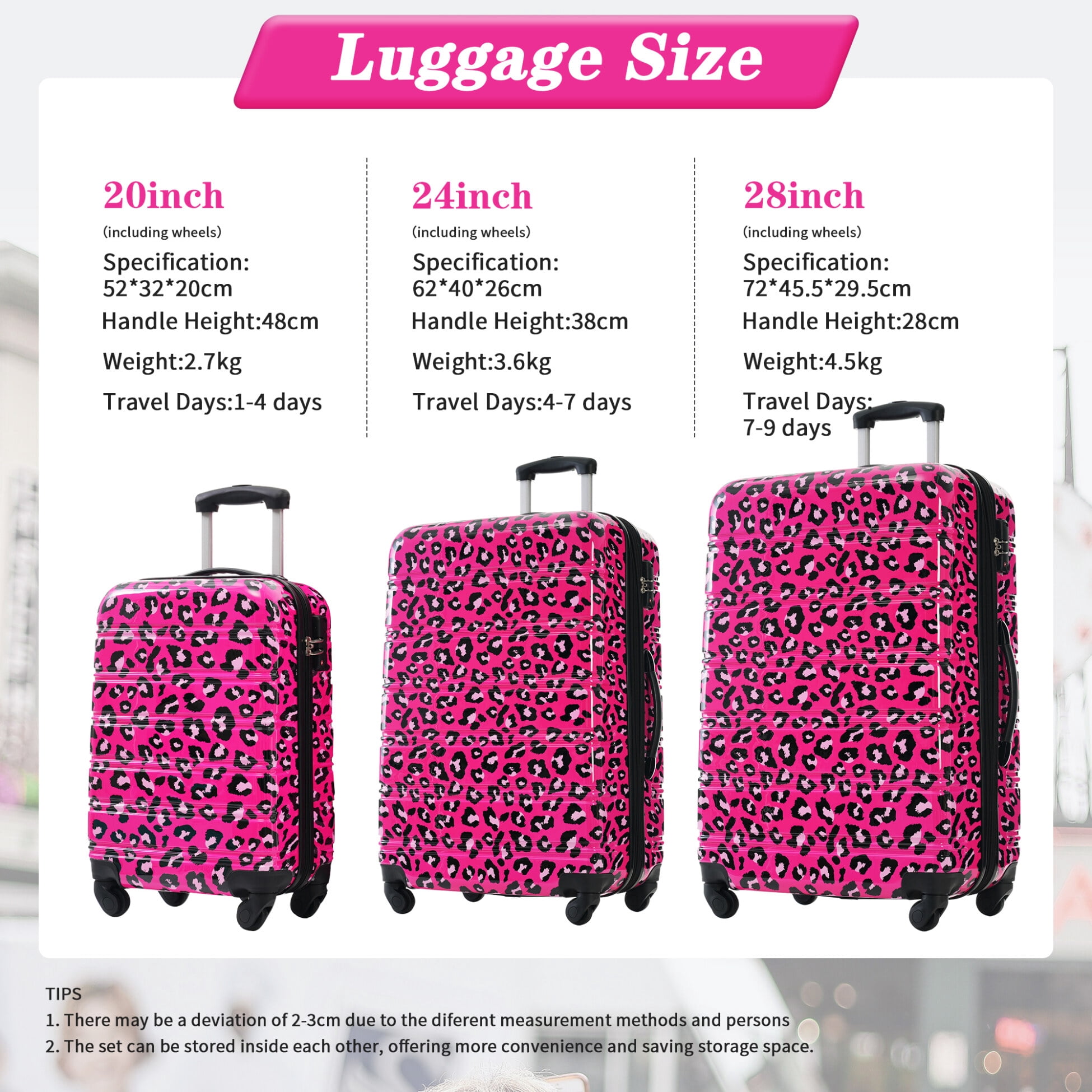 Hardshell Luggage Set 3-Piece Expandable PC Suitcases with TSA Lock & Leopard Print Design, 20"+24"+28" Expandable Capacity for Airport Travel