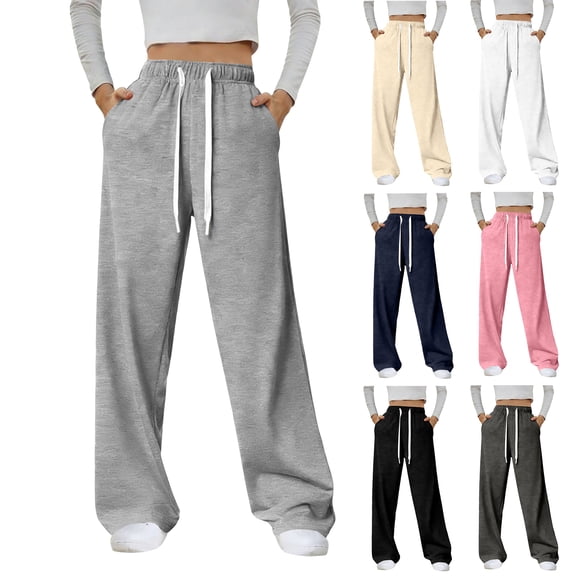 UDAUDU Womens Wide Leg Sweat Pants 2026 Spring Summer High Waisted Baggy Sweatpants Casual Drawstring Workout Pants with Pockets Light Gray M