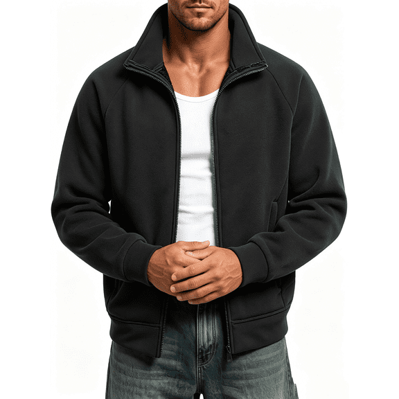 Busydd Mens Fleece Jacket with Pockets Fashion Warm Stand Collar Zip Up Jackets Casual Comfortable Solid Color Long Sleeve Winter Jackets M