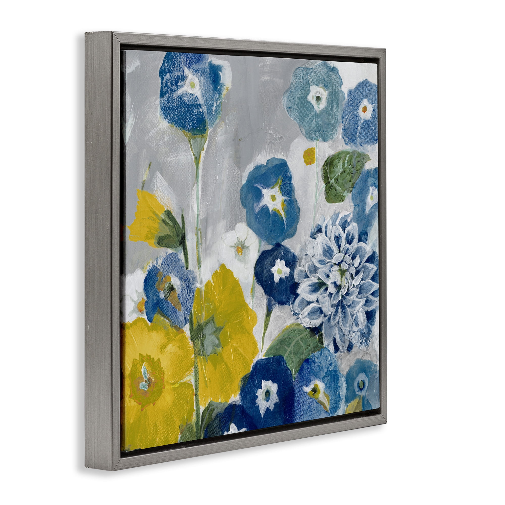 Stupell Industries Blue & Yellow Abstract Poppies Botanical & Floral Painting Gray Floater Framed Canvas Art Print Wall Art, 18 x 18