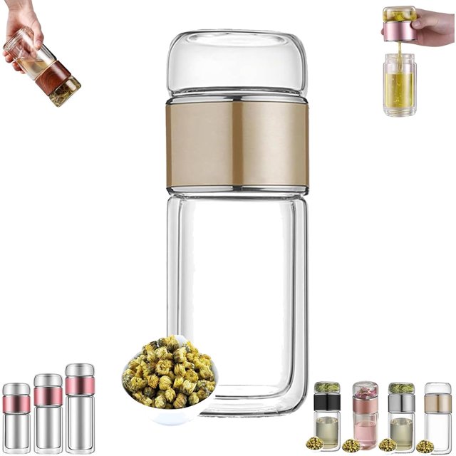 Alivefuser Tea Infuser, Portable Double Layered Tea Water Separation Glass TeaCup, 3 in 1 Tea Maker, 304 Stainless Steel Filter, Portable Loose Leaf Teas Maker for Travel, Office, Home (gold,280ml)