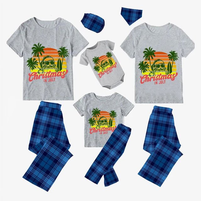 Pijamas familiares navideños a juego, conjuntos de pijamas grises, árboles de coco, Navidad en julio