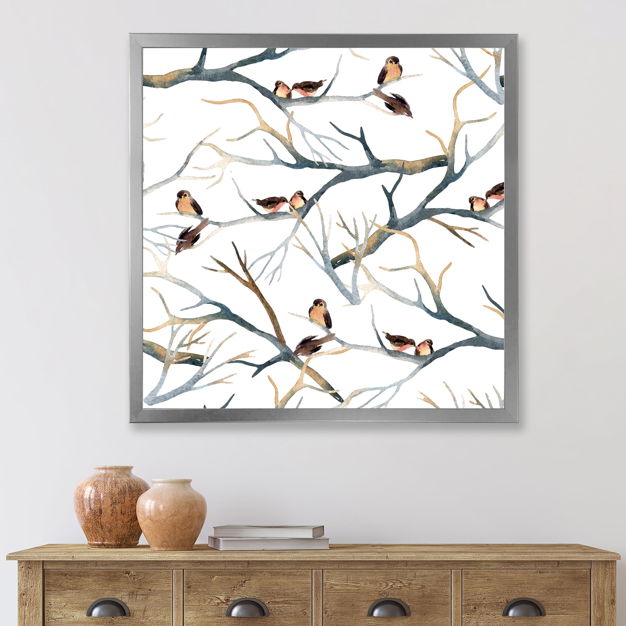 Designart 'Little Birds Sitting On The Tree Branches I' Traditional Framed Art Print