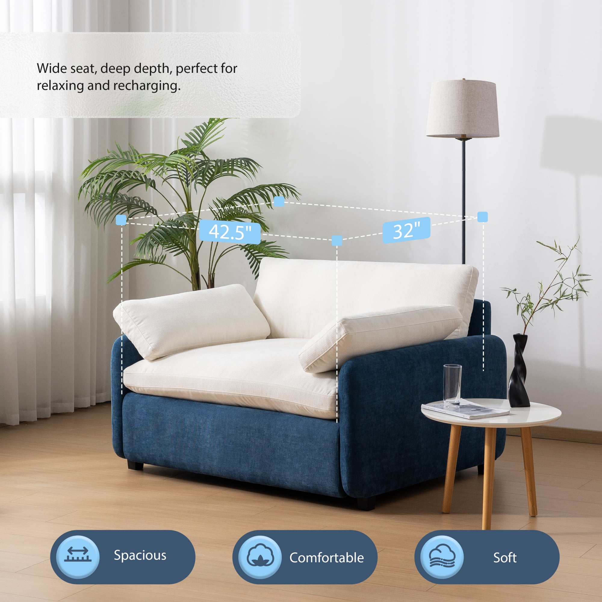 Leumius 50" Oversized Single Sofa Chair, Chenille Accent Chair with Wide and Deep Seat, Upholstered Armchair with Pillows for Living Room,Apartment,Bedroom, Blue