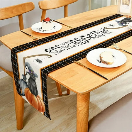 

dosil Fashion Black White Plaid Halloween Pumpkin Crow Linen Table Runner Cloth Cover Anti-Slip Stain For Dinner Festival Party Decor