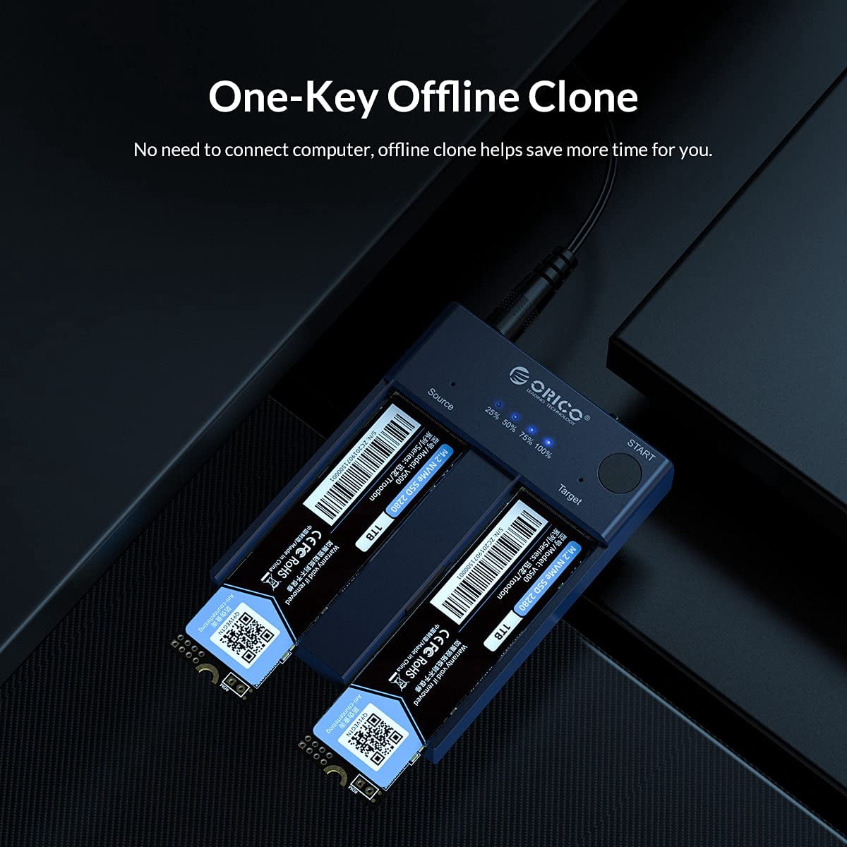 ORICO NVMe M.2 SSD Enclosure Clone Dual-Bay Offline Cloner Duplicator 10Gbps USB C to NVMe m.2 Docking Station for PCIe M-Key SSDs-Max 8TB(2*4TB)