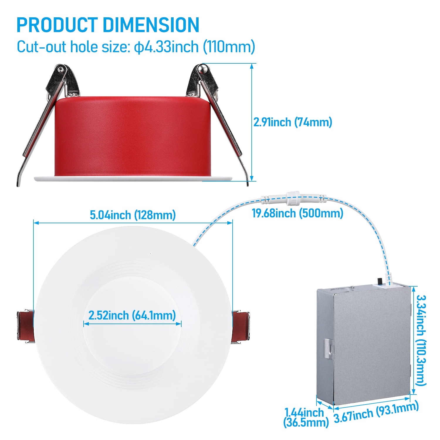 2 Pack 4" 5CCT Fire Rated LED Recessed Lights, Deep Baffle Recessed Lighting With J-Box, 12W, 850lm, CRI90, Dimmable Ceiling Downlight, ETL & ES & T24