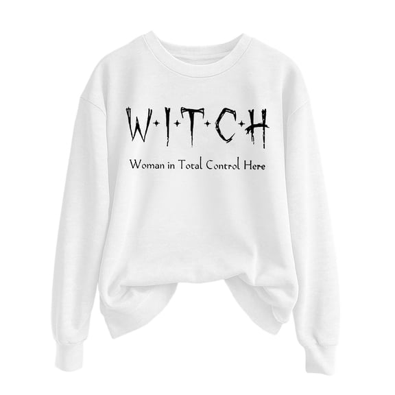 KHONTS Witch Woman in Total Control Here Sweatshirt Witch Shirts for Women Funny Halloween Graphic Crewneck Pullover Tops White XL