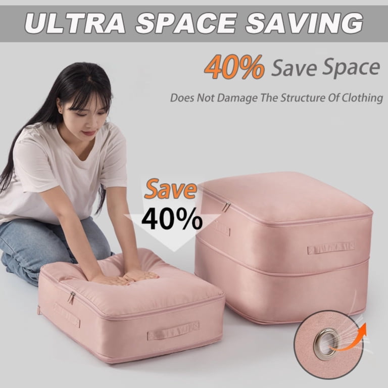 Self Compression Storage Bags For Clothes - Space Saving Travel Packing Organizers With Handles (Pink, Medium)