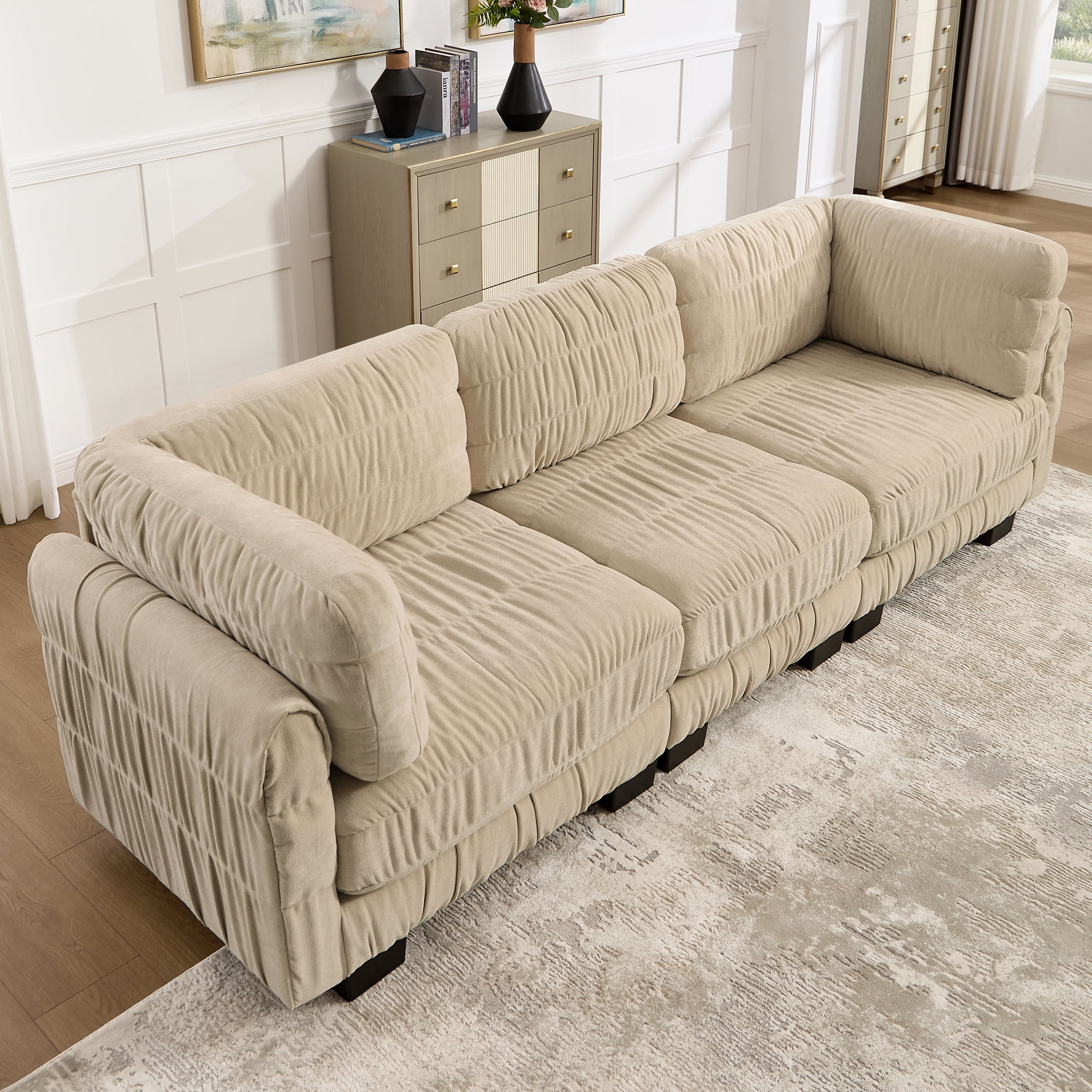 109" 3 Seat Ruched Chenille Modular Sectional Sofa with L Shape Thickened Back Cushions,Easy Assembly